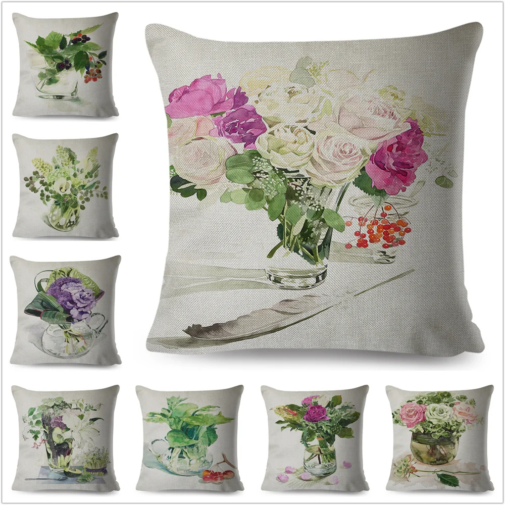 

Nordic Style Beautiful Floral Plant Pillow Case Decor Watercolor Flower Cushion Cover Polyester Pillowcase for Sofa Home 45x45cm