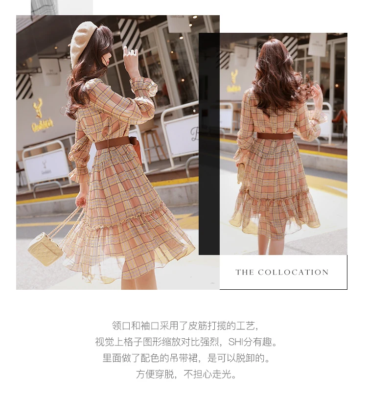 Dabuwawa New Spring Vintage Midi Dresses Women Ladies Plaid Bow Tie Turtleneck Chiffon Dress D18CDR086
