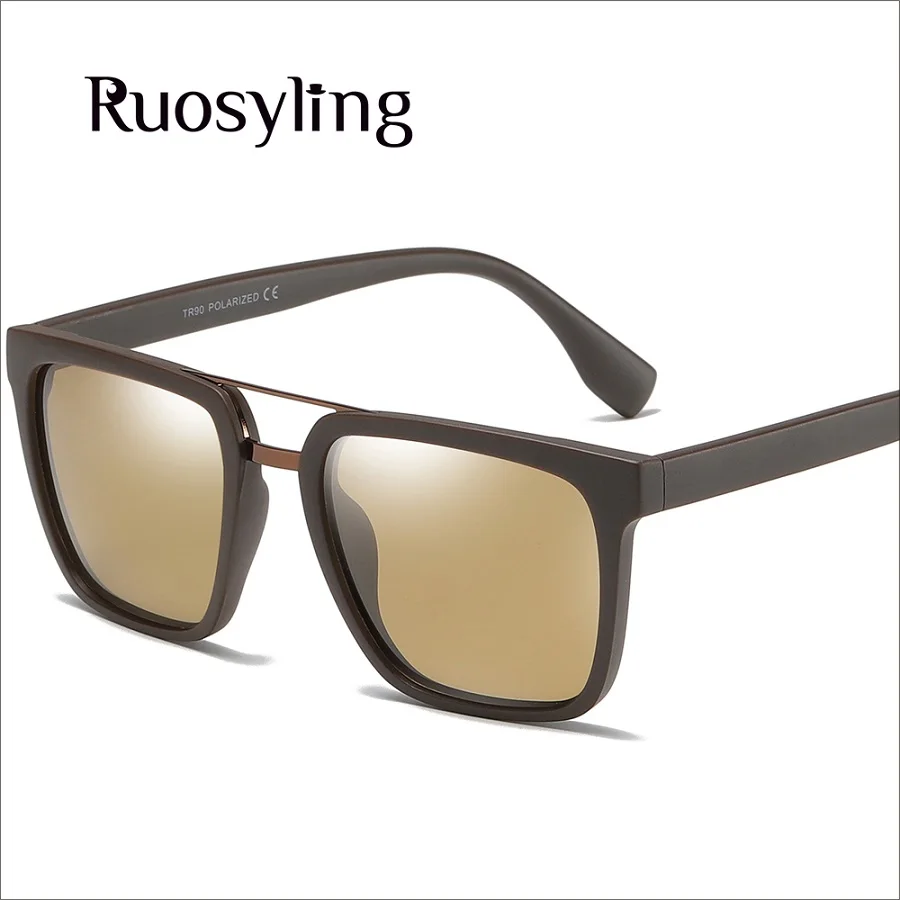 Brown Ruosyling UV400 Для мужчин, солнцезащитные очки, поляризационные, матовый темно-солнцезащитные очки для женщин в стиле ретро ultraliht гибкий квадратные солнечные очки для вождения на пляже - Цвет линз: Brown
