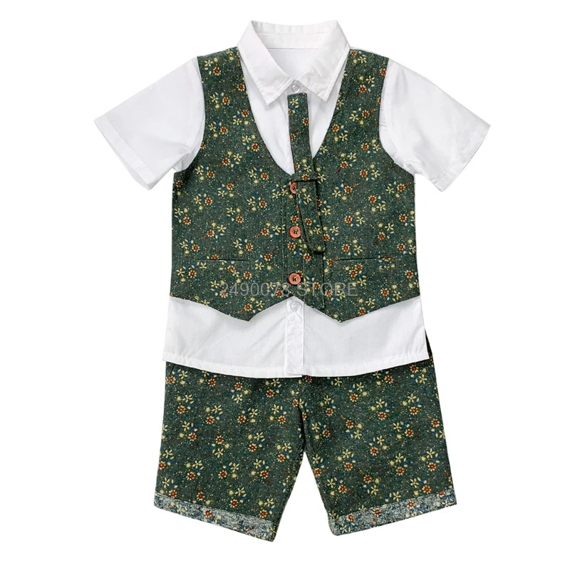 vest shorts 2pcs Цветочные мальчиков официальной церемонии костюм жилет+ шорты 2 шт. детская одежда для свадьбы комплект детское фортепиано выпускного вечера костюм для танцев - Цвет: vest shorts 2pcs