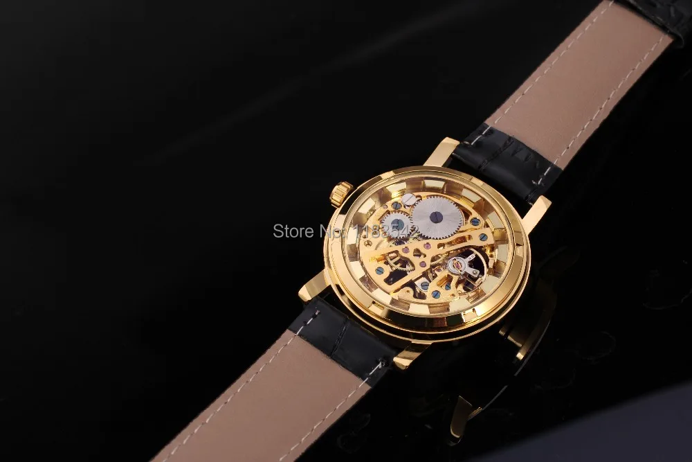 Мужские механические наручные часы Winner черный кожаный ремешок высокое качество