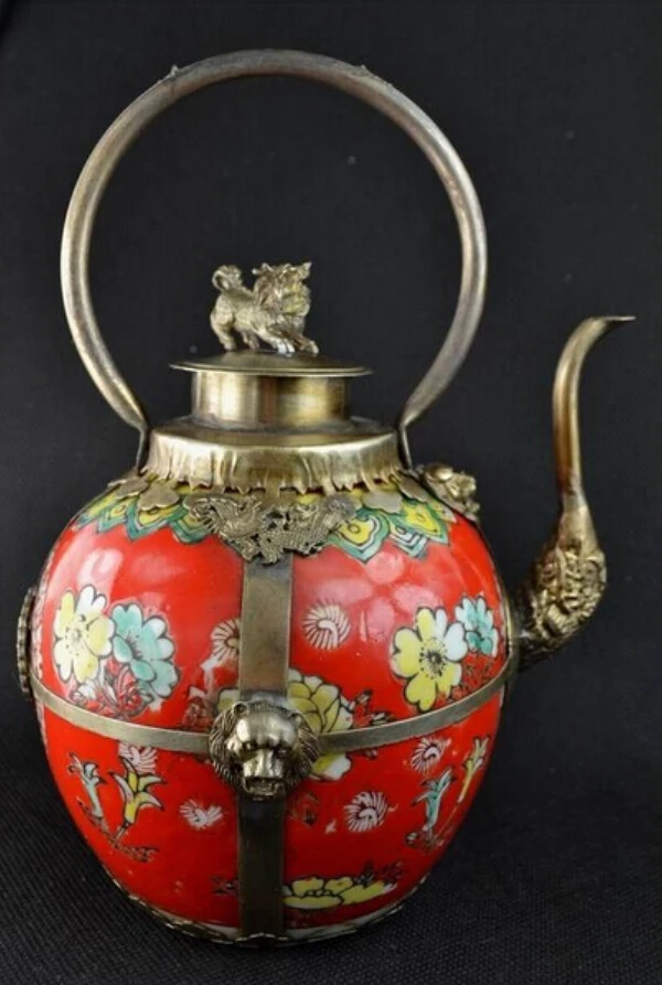 

Free shipping Collectibles Decorated tibet silver red Porcelain Lion lid big Teapot