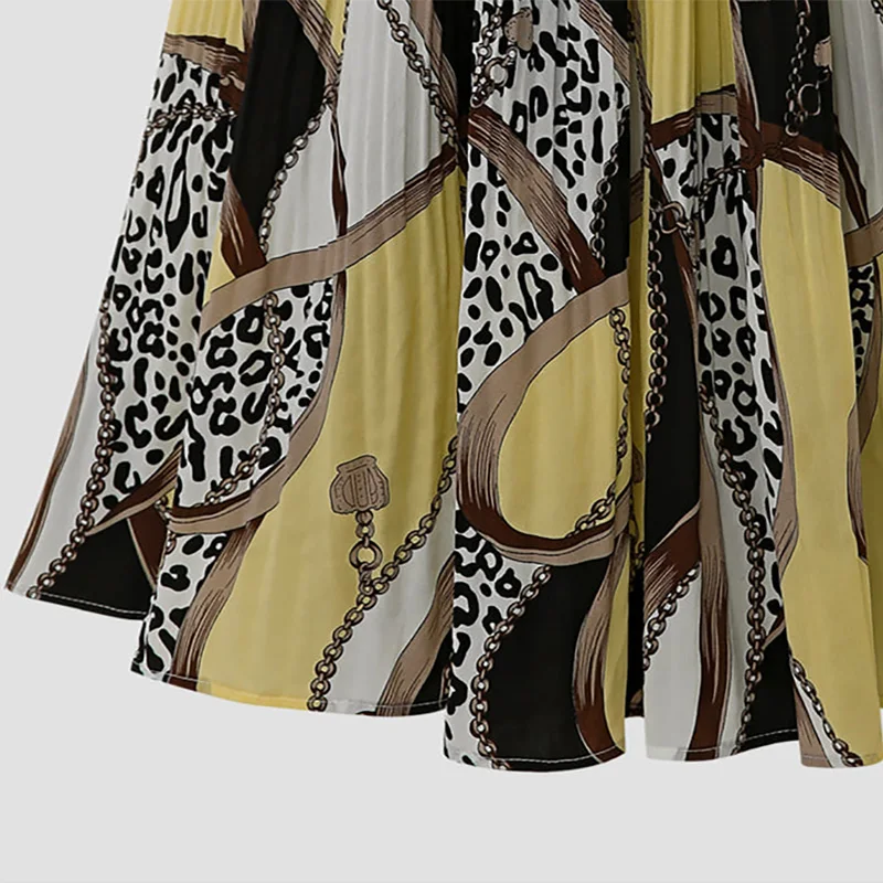 Юбки Женские Хай Стрит Мода Юбка Леопард с Принтом Шифон Плиссированные Юбки Эластичная Высокая Талия Миди Юбка Трапеция Женщины