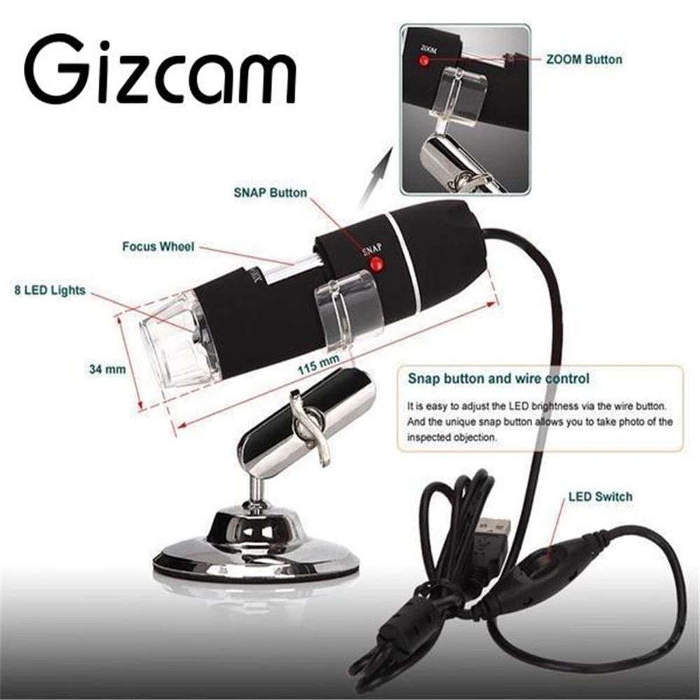 Портативный цифровой микроскоп Gizcam HD 2MP 1000X 8LED USB зум эндоскоп подставка для