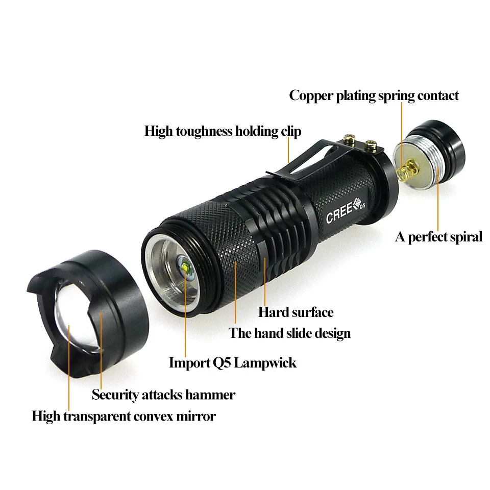 50 шт./лот высокое качество мини фонарик Zoom черный 2000 лм Водонепроницаемый