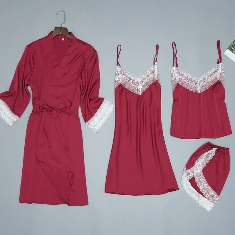 Lady Home Wear Pajamas 4PC Strap Top Pants Suit Sleepwear Sets Woman Nightgown Sexy Kimono Sleep Robe Bath Gown Nightdress | Женская