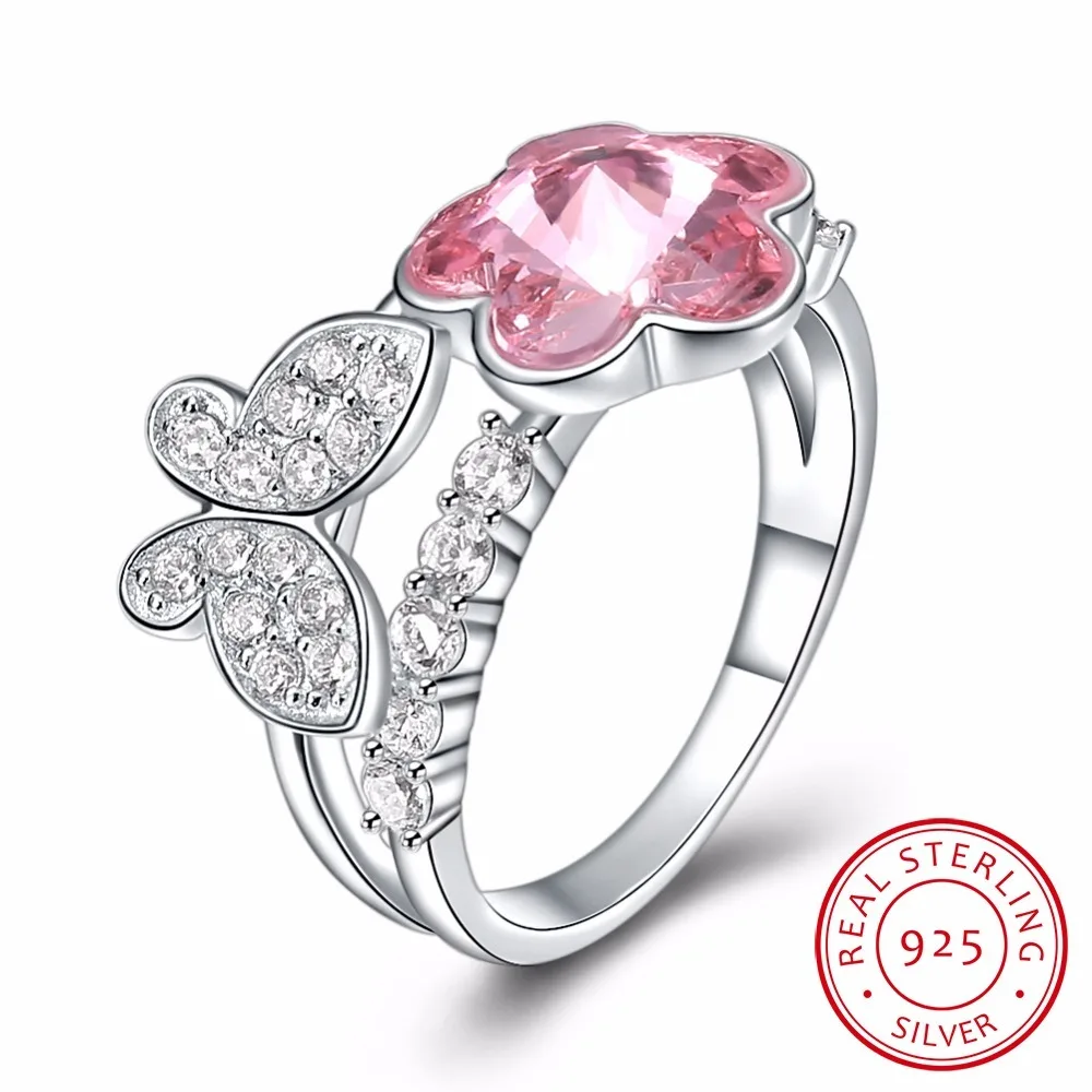 

Lekani Cute Romantic S925 Silver Open Rings Pink Flower Crystals Adjustable Butterfly Finger Jewelry For Women