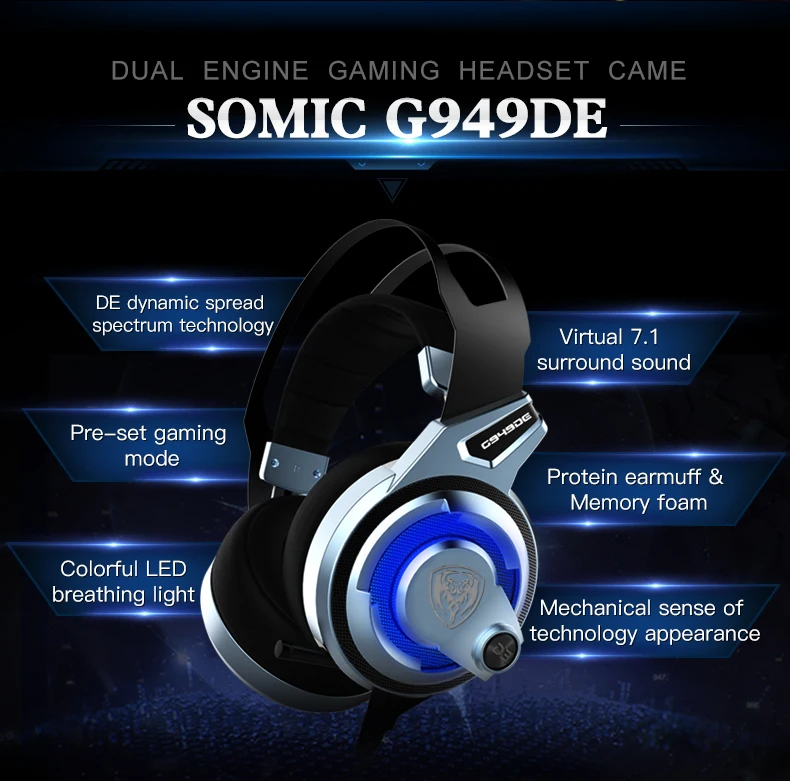 SOMIC G949DE 7,1, виртуальная звуковая игровая гарнитура, светодиодный шумоподавитель, наушники с двойным двигателем, 4 динамика, USB разъем для ПК, игр