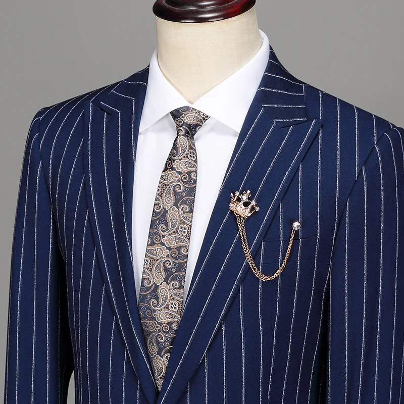 men suit deep blue striped casual mens suits with pants vests wedding suits for men father day gift 6xl slim fit plus size 58