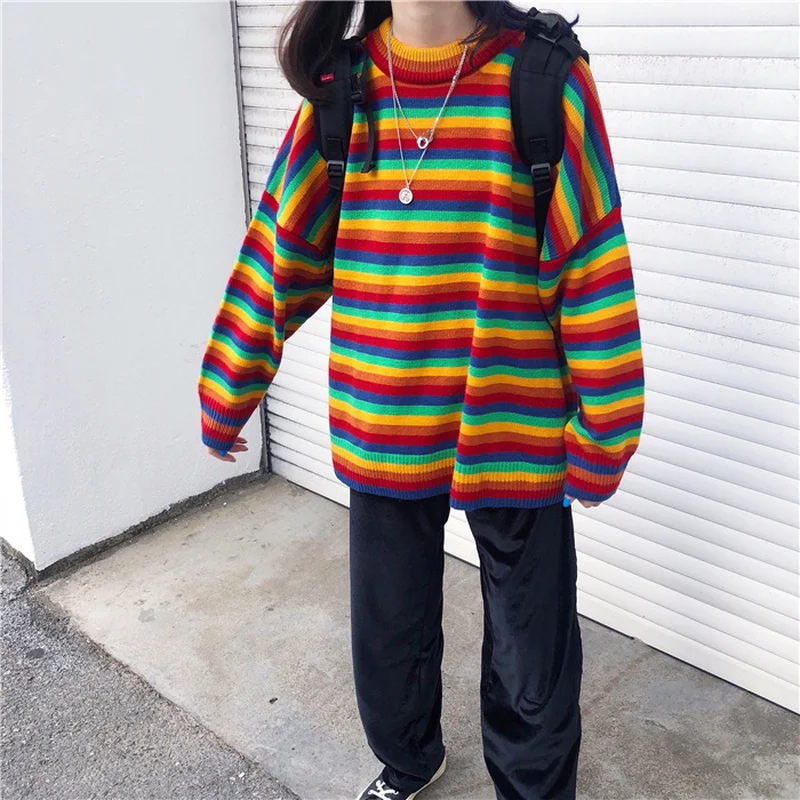 Корейский Свободный Полосатый Радужный свитер Harajuku Женский пуловер Ulzzang Kawaii