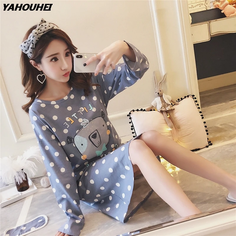 2018 Autumn 100% Cotton Polka Dot Dress Nightgown for Women Long Sleeve Nightdress Cute Girls cartoon Night Home Sleepwear | Женская
