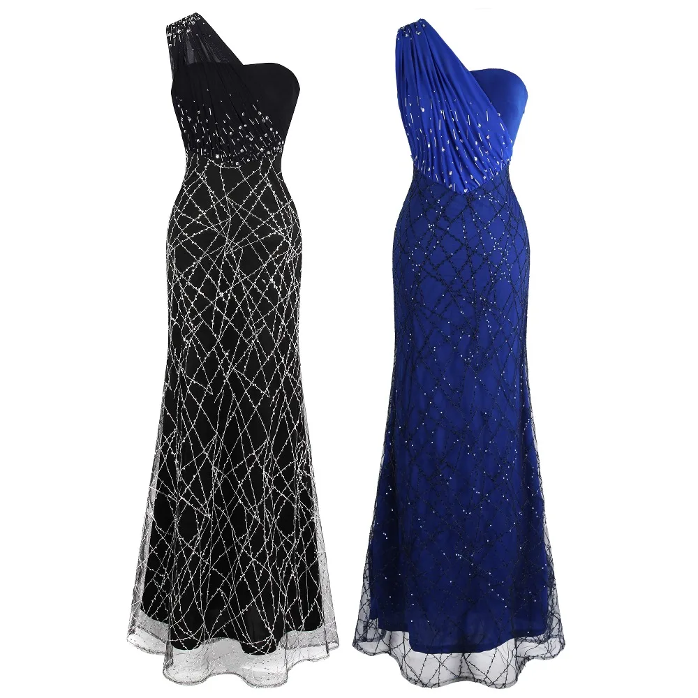 

Женское Плиссированное вечернее платье Angel-fashions, синее длинное платье с одним открытым плечом, украшенное бисером, модель A-391