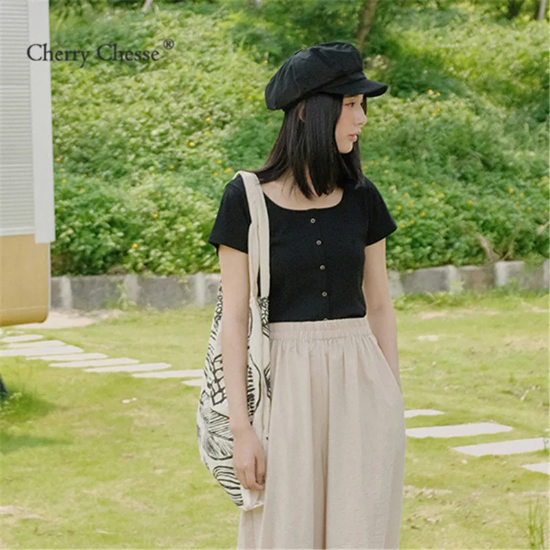 Cherry Chesse для женщин однотонная летняя футболка кнопка тонкий сексуальный