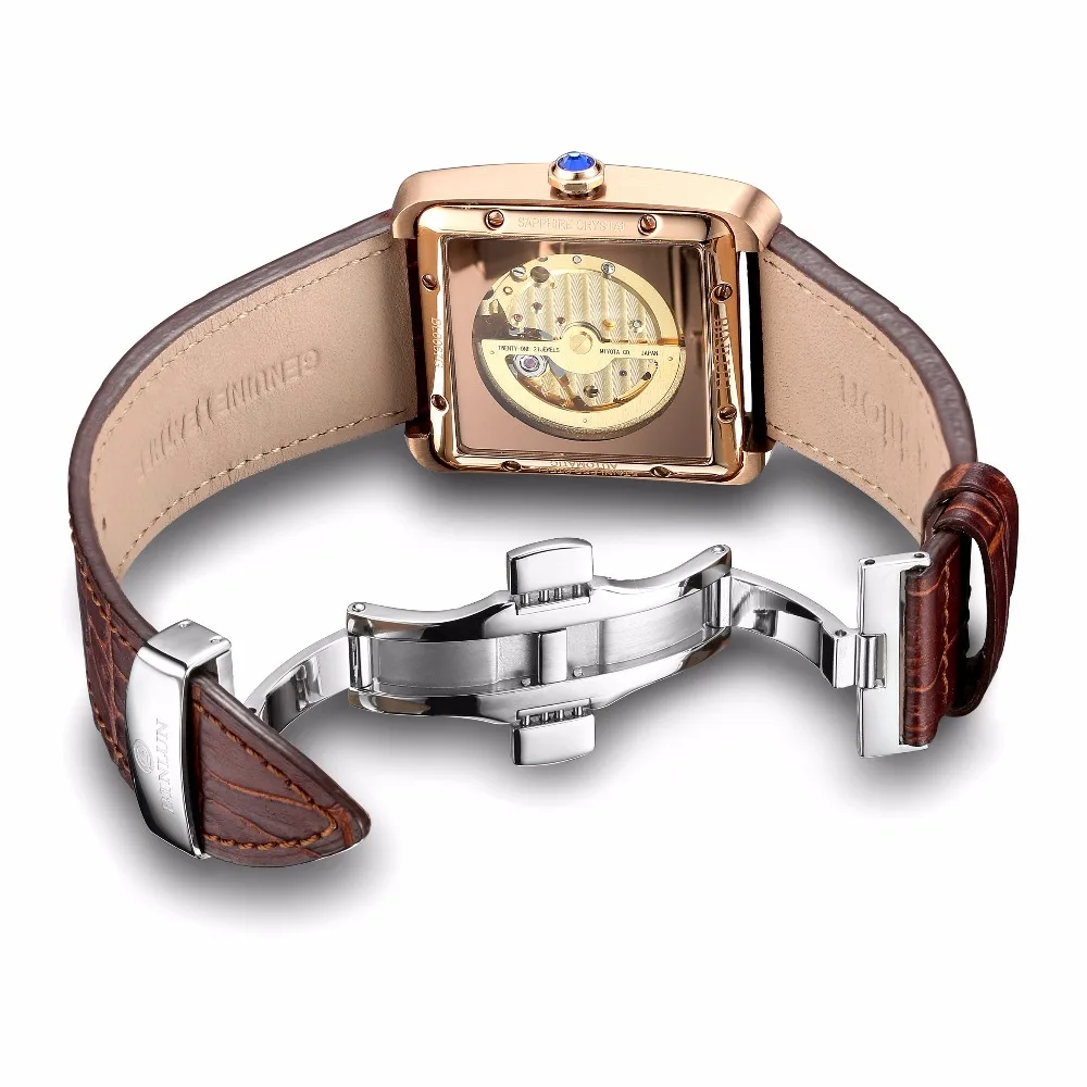 BINLUN классические прямоугольные Мужские автоматические часы Tourbillon механические часы Роскошные мужские часы со скелетом часы из натуральной кожи