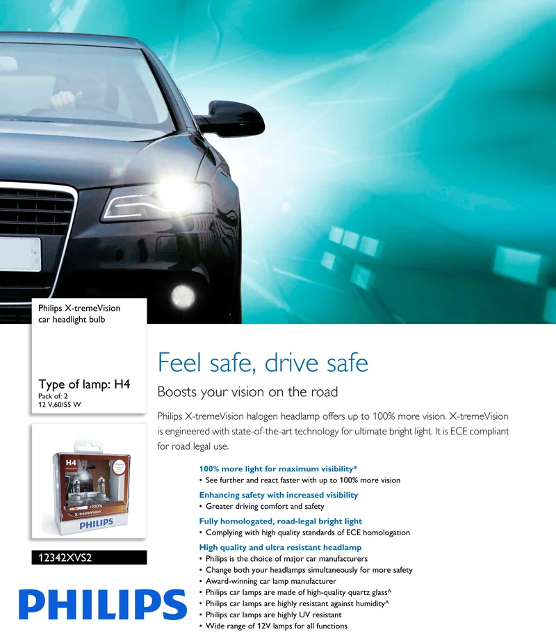 Philips X-treme Vision 9003 HB2 H4 12V 60/55W P43t 12342XVS2 More Vision светильник автомобильный галогенный головной светильник Hi/lo луч(двойная упаковка