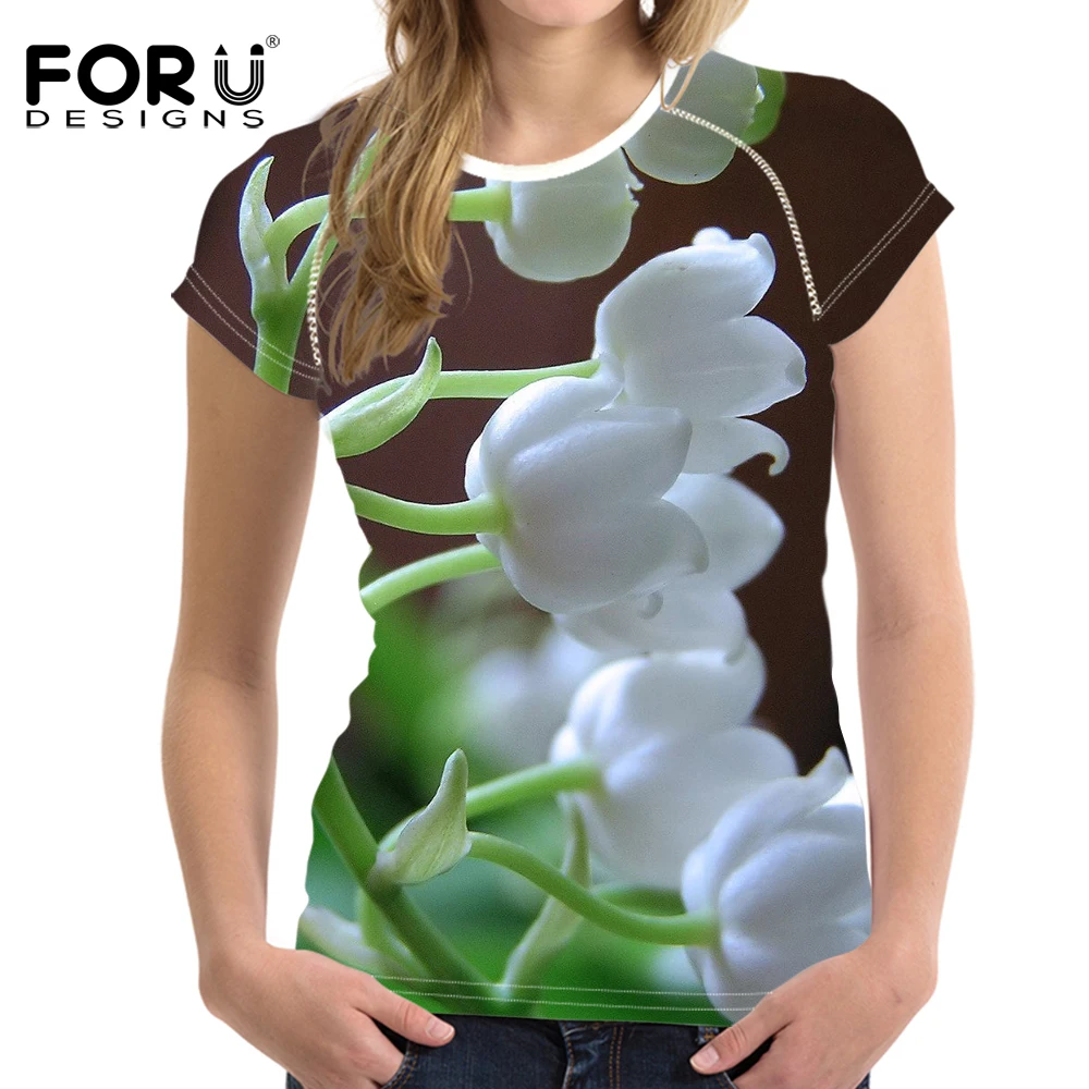 

FORUDESIGNS 3D Flower T shirt Convallaria majalis Print Women Slim Tops Crop Ladies Bodybuilding Elastic Tshirt Female Clothes