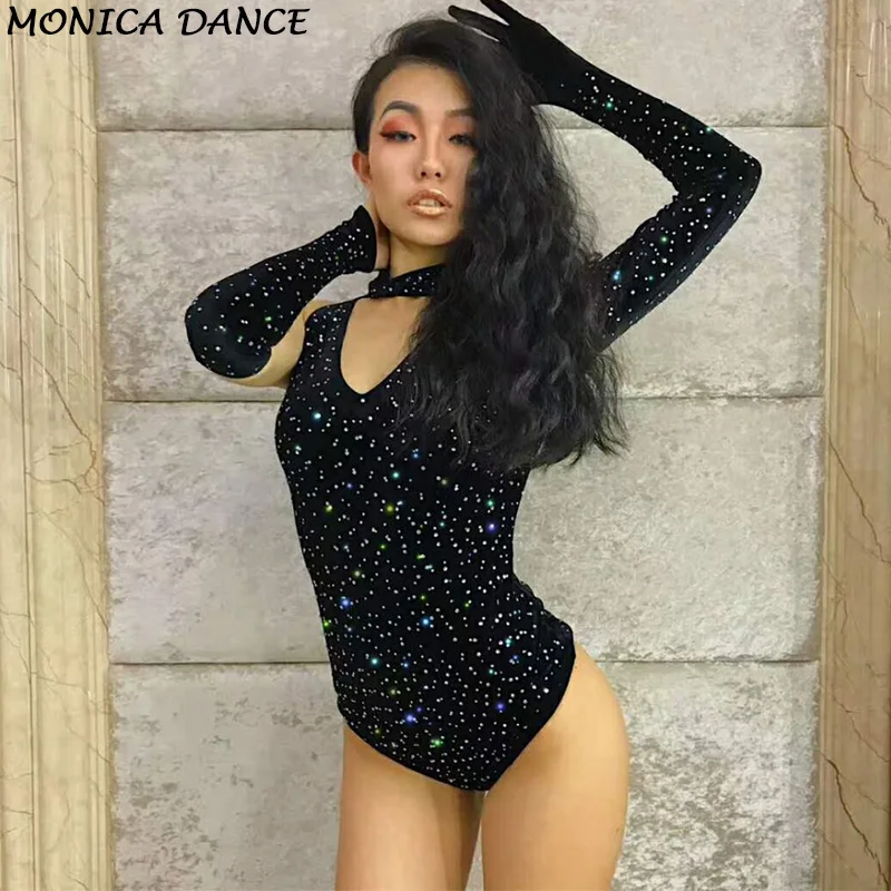Sexy Stage Black Bodysuit Crystal Catsuit Nightclub Clothing DJ DS Singers Jumpsuit Sexy Stage Wear Costume Bling Outfit
