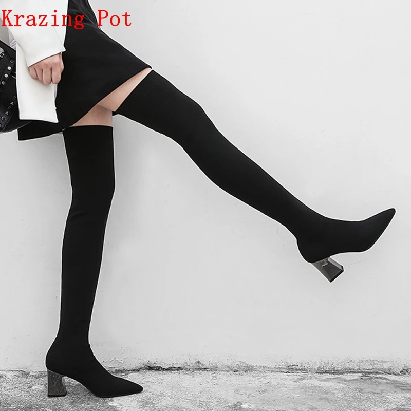 Krazing pot/ г. Красивые тянущиеся сапоги с вязаным металлическим квадратным каблуком для девушек женская брендовая обувь ботфорты «Челси» L07