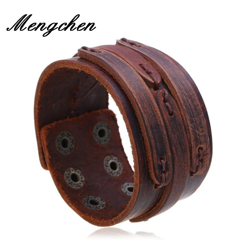 

New Fashion Men Leather Bracelet Open Cuff Rope Bangles & Bracelet Double Wide Black Brown Color Vintage Punk Unisex Jewelry