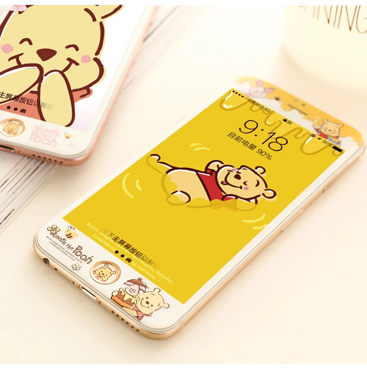 Передняя пленка с изображением медведя Винни для iPhone 7/8 plus, защитная пленка из закаленного стекла с мягкими краями для iPhone 6 6s plus+ наклейка на кнопку