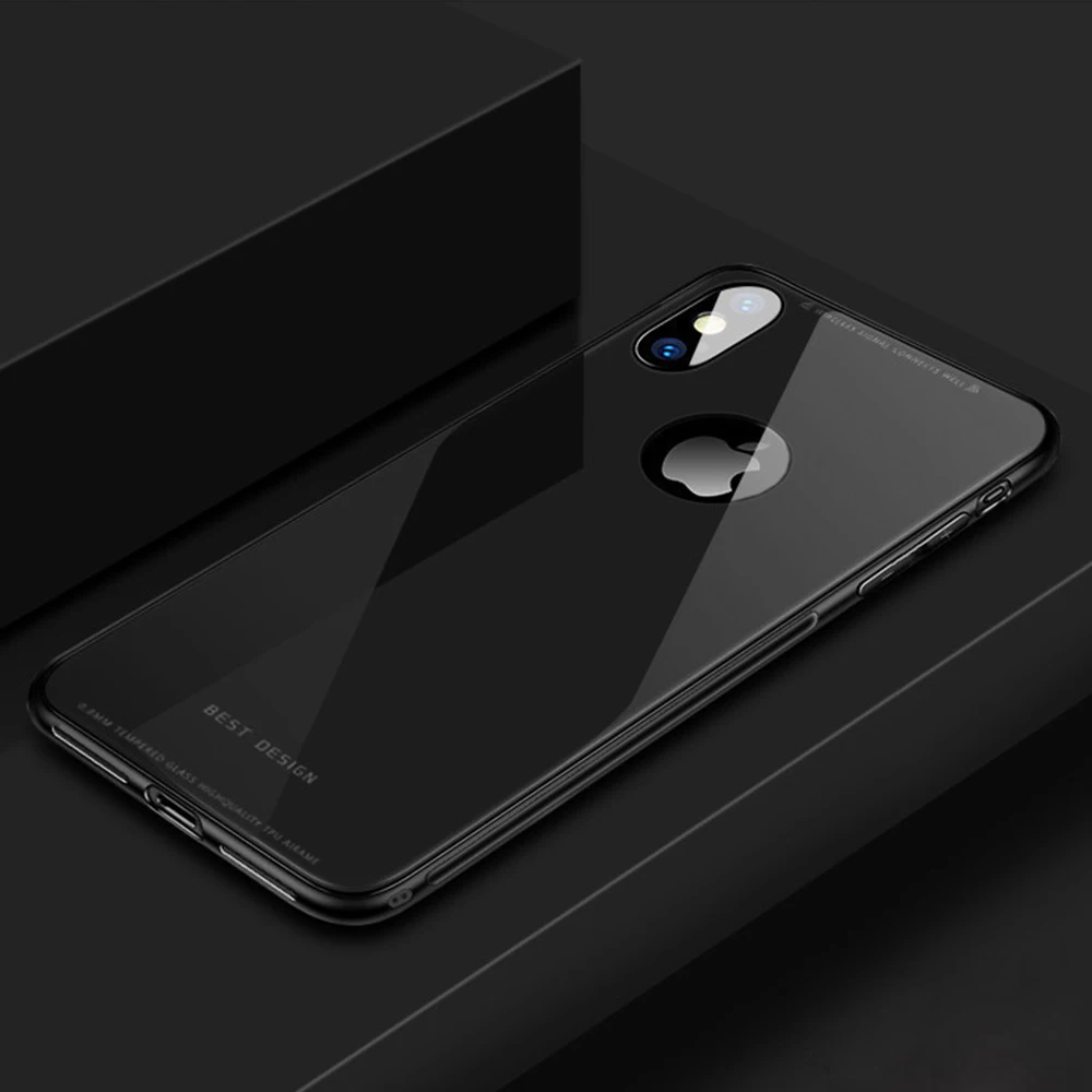Однотонный чехол из закаленного стекла для телефона для iPhone XS Max XR X 7 8 6 6S Plus задняя крышка для смартфона PC чехол s глянцевый защитный чехол - Цвет: Black