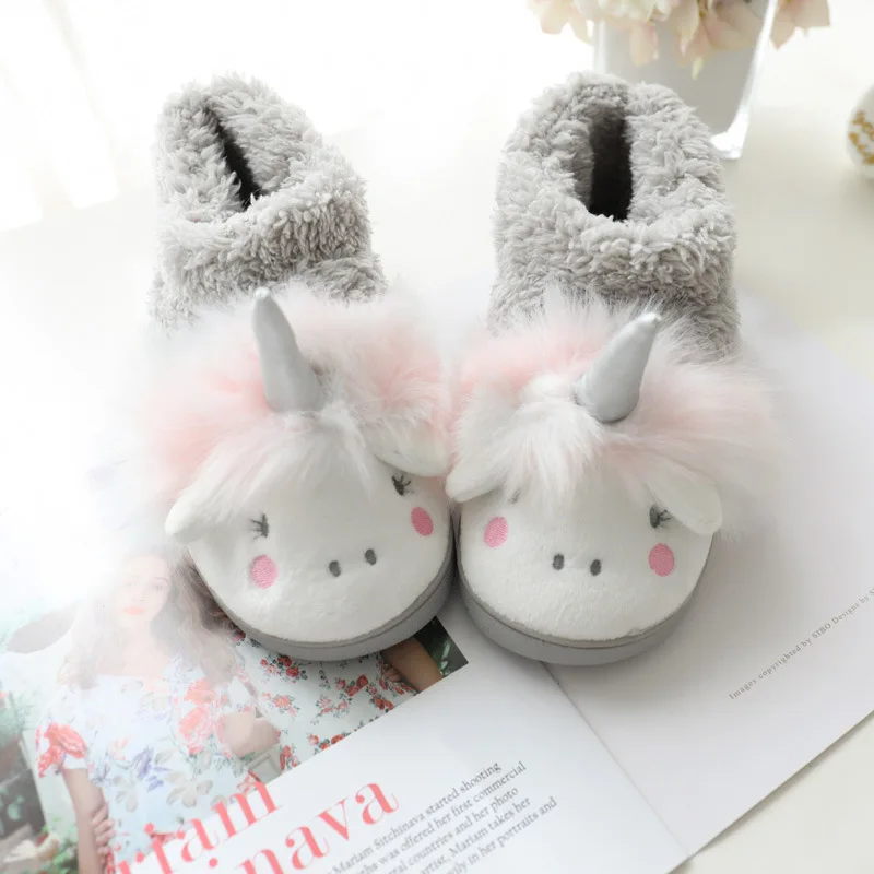 ASILETO Winter cartoon unicorn slippers fur Cotton shoes indoor floor lovely slippers Fluffy slip on cozy size 35-40 Pantoufle - Цвет: Grey