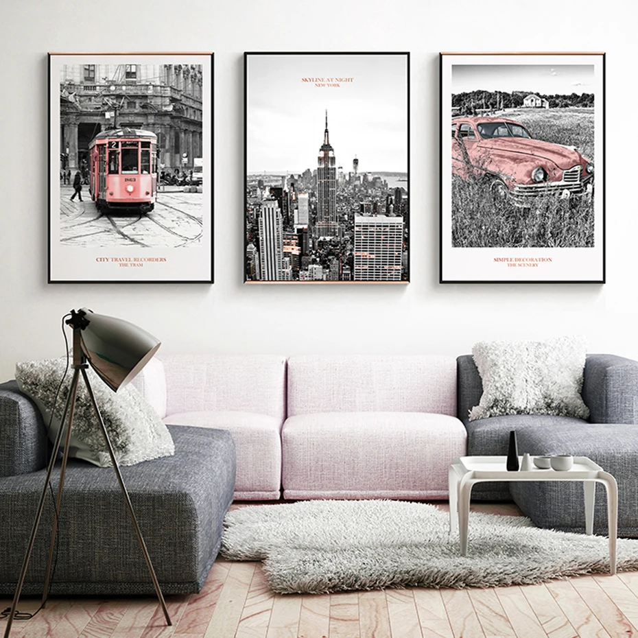 

New York City Scene Pink Rail Transit Car Canvas Paintings Poster and Print Wall Art Picture for Living Room Home Decor Interior