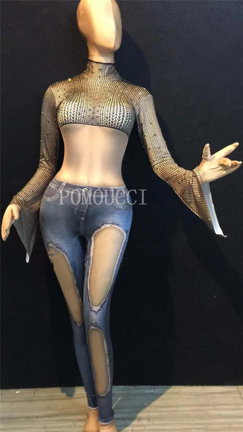 Женский новый сексуальный джинсовый комбинезон с 3D принтом эластичный костюм для выпускного вечера боди ночного клуба женская
