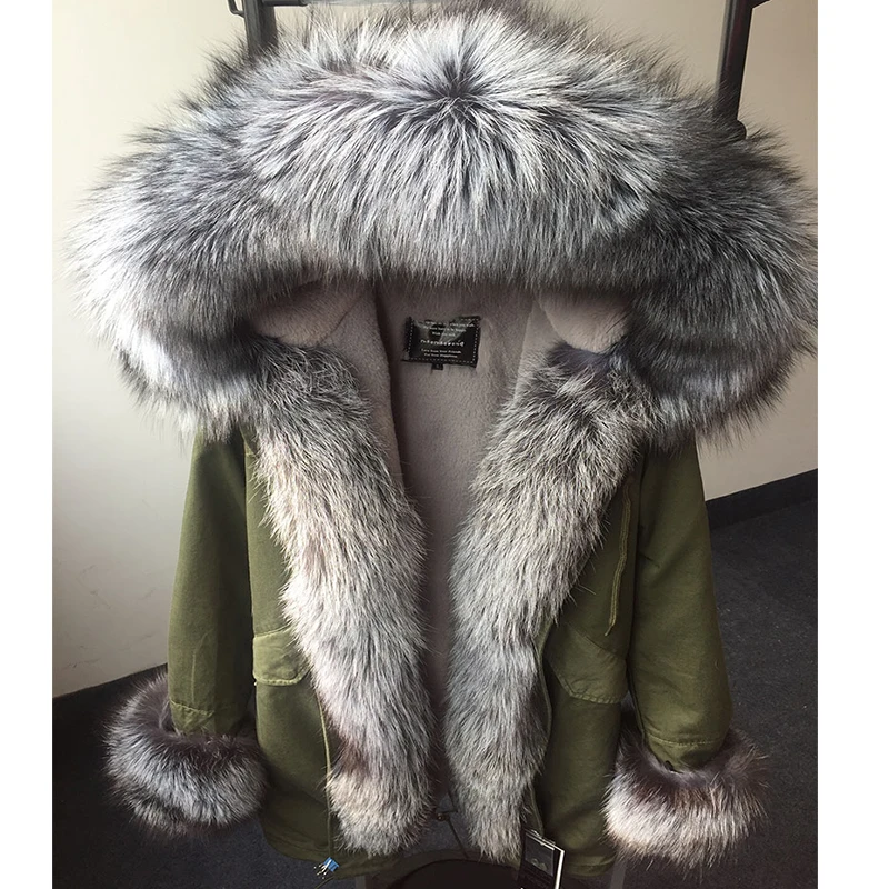 Luxury winter fur parka women long coats and jackets real silver fox collar hood placket cuff thick warm wool lined wear | Женская