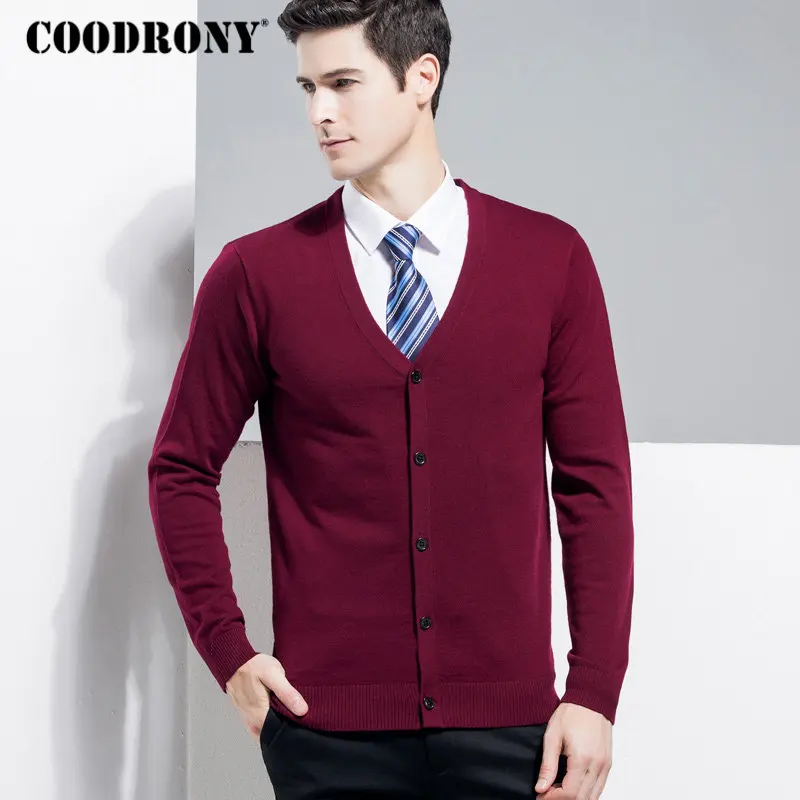 COODRONY, свитер из мериносовой шерсти, Мужской Классический Повседневный Кардиган с v-образным вырезом, мужская одежда, Осень-зима, кашемировые мужские свитера, пальто 8331 - Цвет: Красный