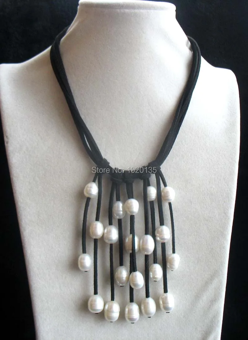 5rows freshwater pearl necklace white egg 18inch and black leather wholesale FPPJ