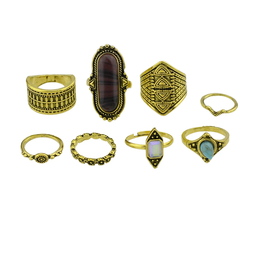 FANHUA 8pcs/set Bohemia Vintage Punk Midi Rings Brown Gold Silver Color Knuckle Ring Blue Stone Set Jewelry Accessories | Украшения и
