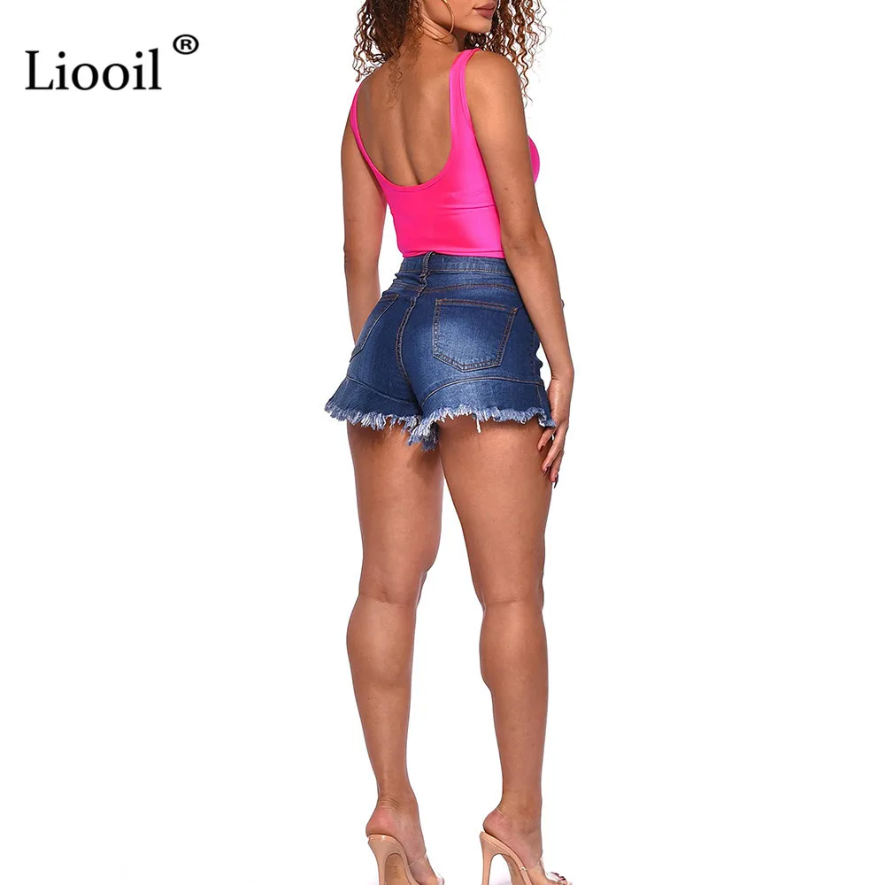 Liooil плюс размеры шорты для женщин для повседневное Лето г. хлопок Sexy Rave Jean Короткие Модные карман на молнии середины талии сини