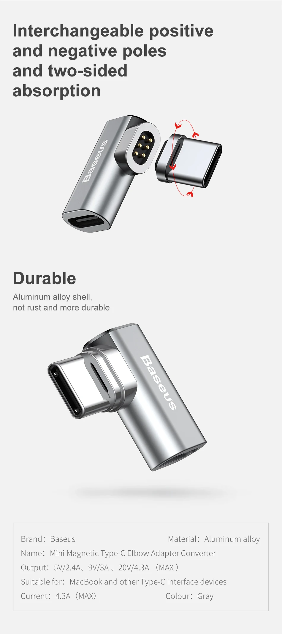 Baseus кабель usb type-C к магнитному адаптеру type-C для Macbook samsung s8 s9 OnePlus 5 5T 6 быстрая зарядка магнит USB-C разъем