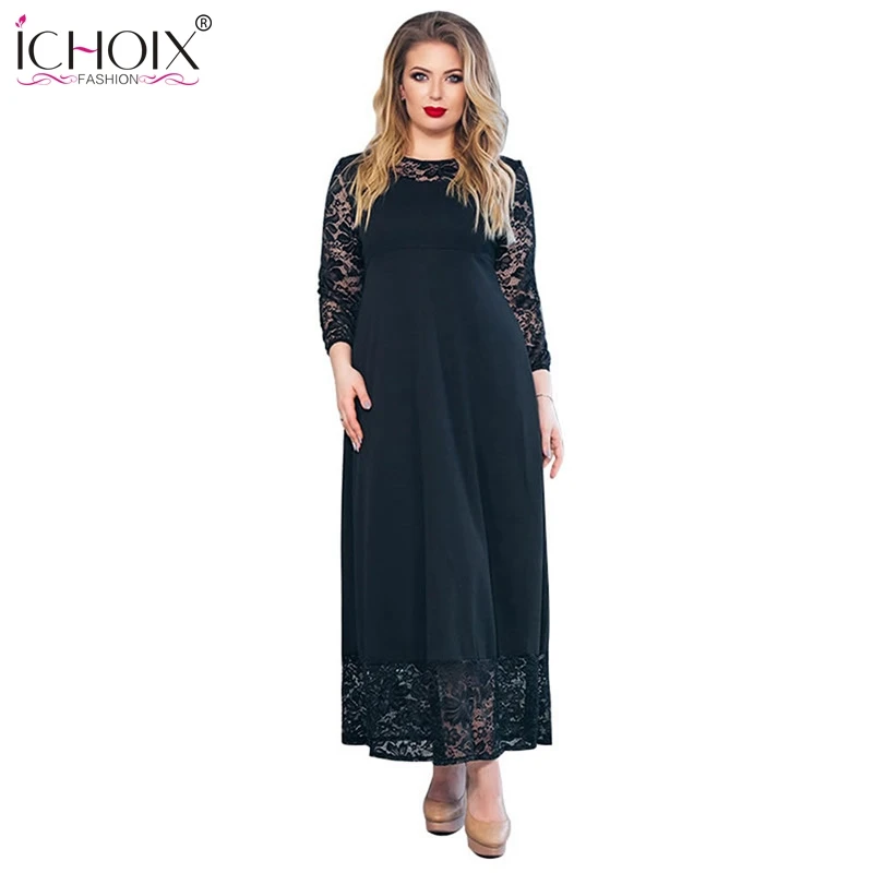 5XL 6XL женское черное кружевное длинное платье 2019 высококачественные Лоскутные