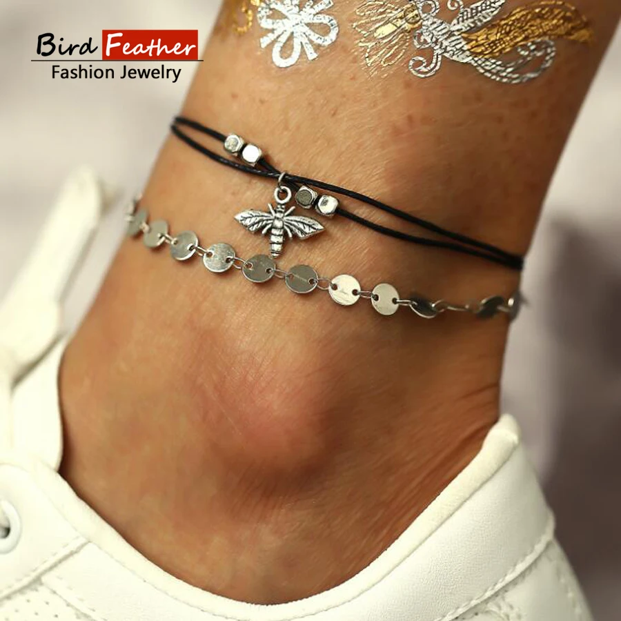 Vintage Antique Silver Color Anklet Women Honey Bee Sequins Geometric Bracelet Charm Bohemian Ankle Boho Foot Jewelry | Украшения и