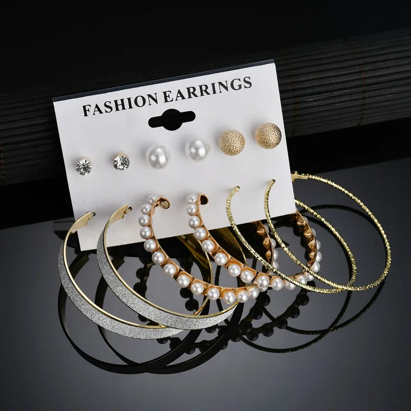

6 pairs of earrings fashion exaggerated pearl big circle earrings set matte inlaid zircon earrings ladies jewelry