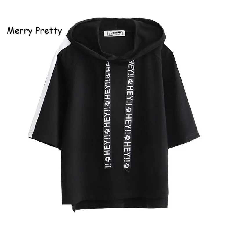 Merry Pretty Футболка женская черная с капюшоном Футболка harajuku Повседневная на шнурке с коротким рукавом Хлопок Топ уличная футболка bbf