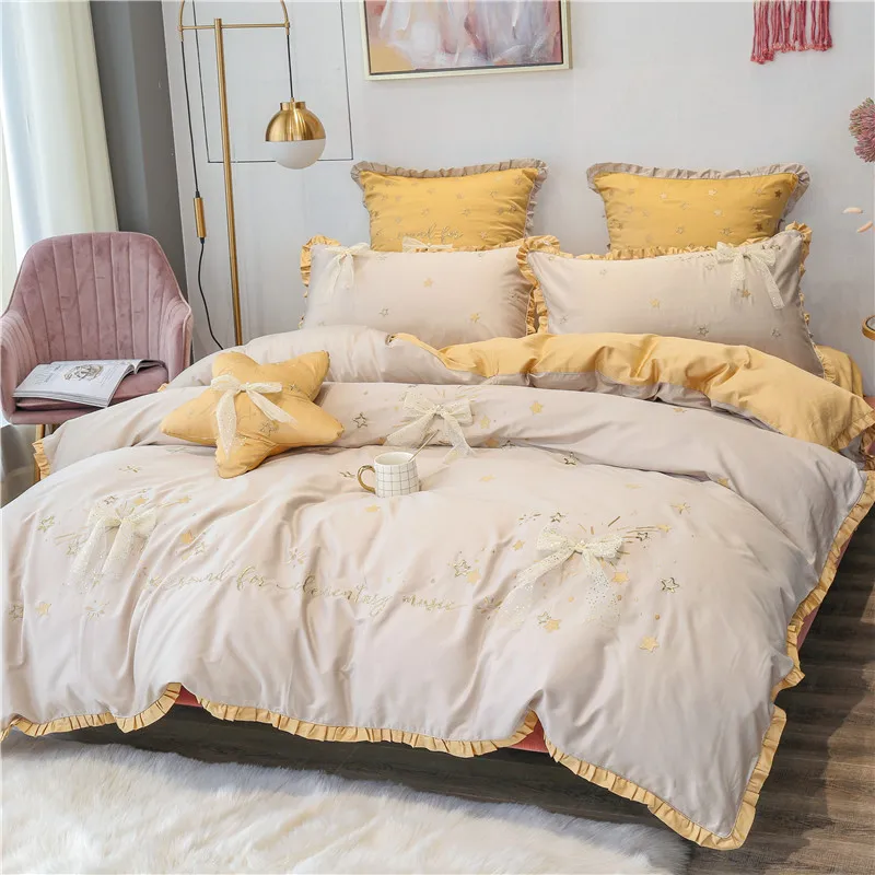 Желтое серое розовое с вышивкой в виде звезд стиле 60-х Египетский хлопок для