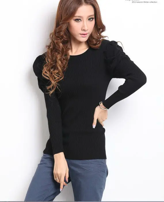 Freeshipping hot sale women knitted sweater long puff sleeve fashihon slim black designer pullover winter clothing Korea apparal | Женская