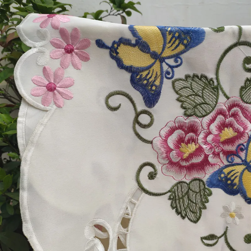 Quality polyester table decoration table runner. Pink butterflies and flowers embroidered. Chinese style tea table cloth.