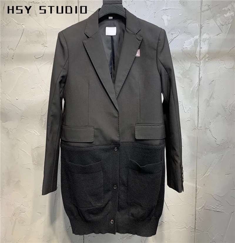 【HSY studo】2019 осенний Новый тренд вязаный длинный черный Женский блейзер рукав