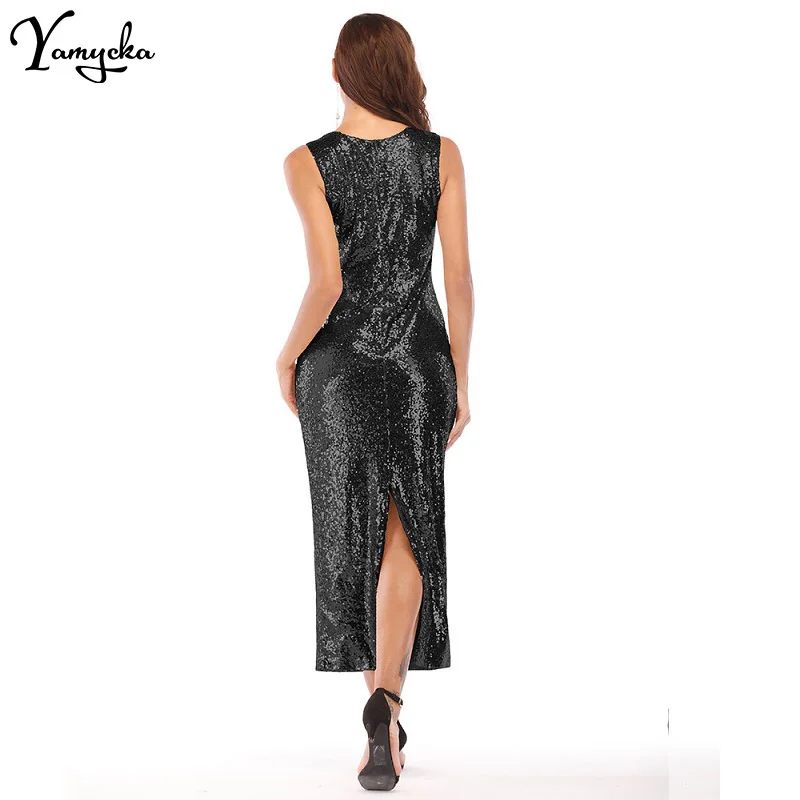 

2021 Women Deep V-neck Sleeveless Bodycon Evening Party Dress New Listing Summer Sexy Black Gold Glitter Sequin Maxi Party Dress