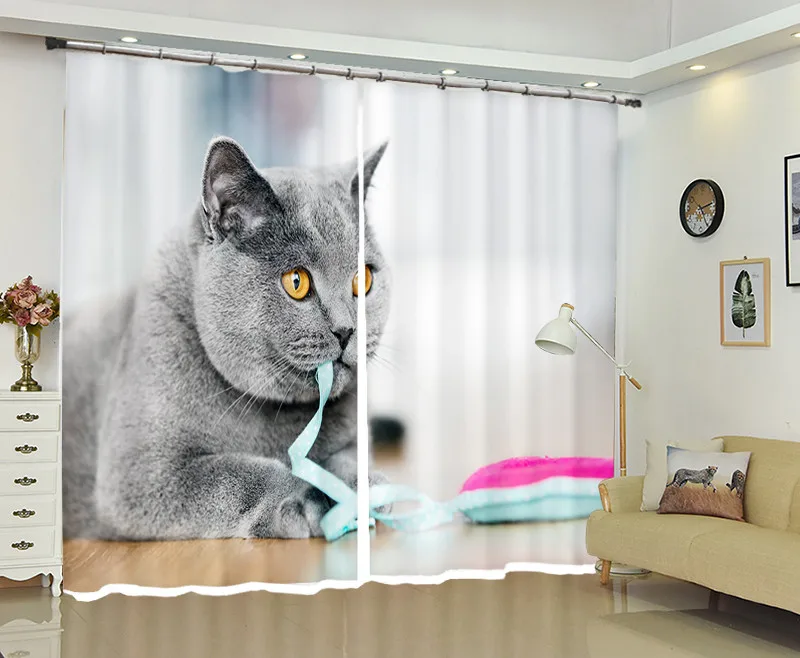 Настраиваемые затемненные шторы серый Кот 3D печать окна декоративные для