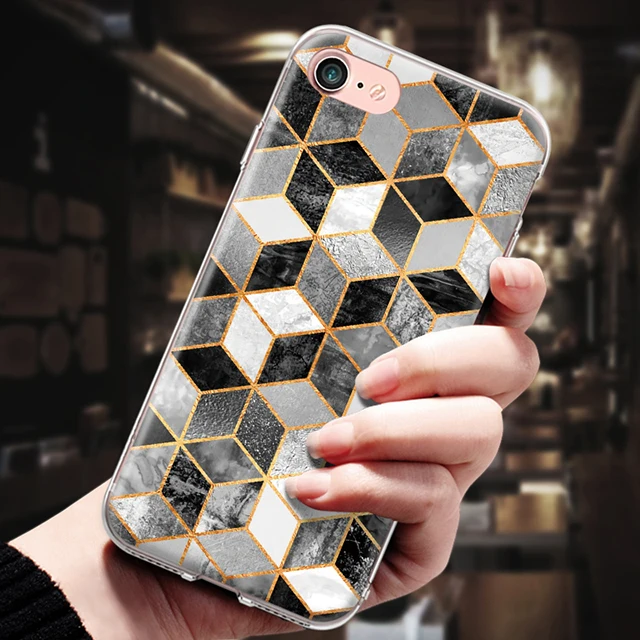 Для Iphone 4, 4S, 5, 5S, SE, 6, 6 S, 7, 8 Plus, X, XR, XS Max, мягкая задняя крышка из ТПУ с золотыми краями, геометрическим узором, мрамором, силиконовый чехол, бампер, Fundas