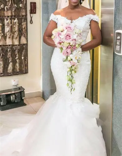 

Свадебные платья с открытыми плечами в африканском стиле, кружевные тюлевые Свадебные платья русалки, свадебные платья, vestido de noiva 2020