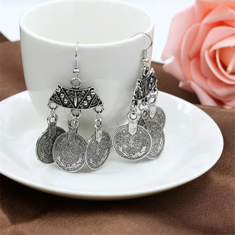 Ретро Серебряные серьги со свисающими монетами цветочный дизайн Gypsy пляжная