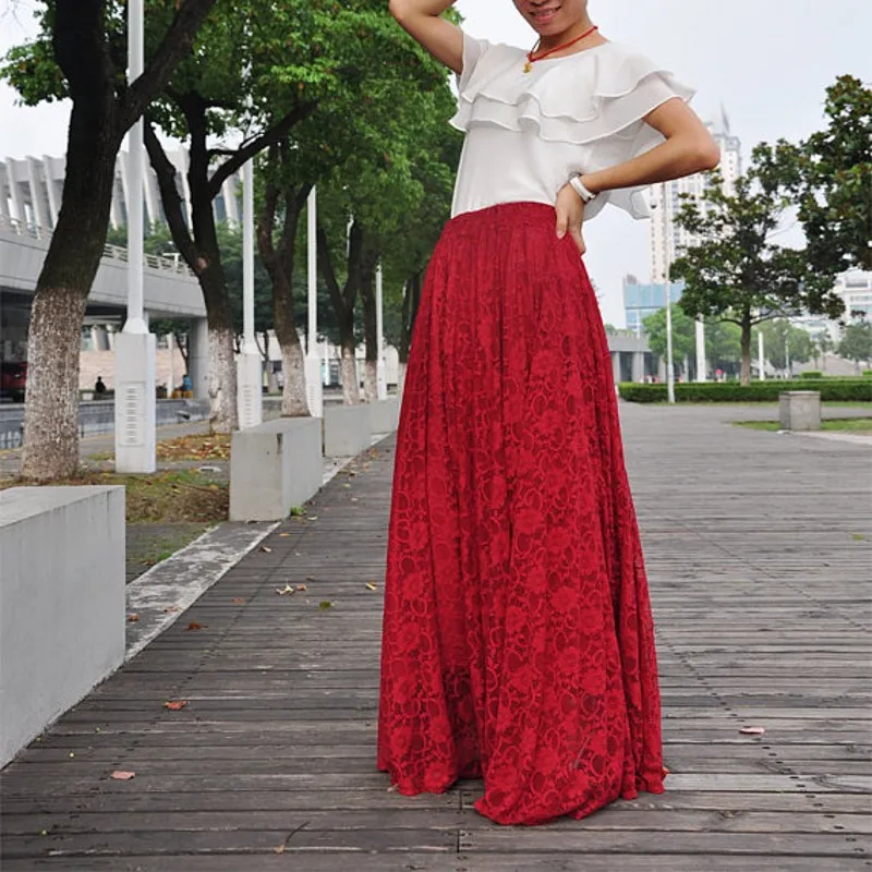 Весенне-летняя Изысканная кружевная юбка эластичная талия в пол длинная