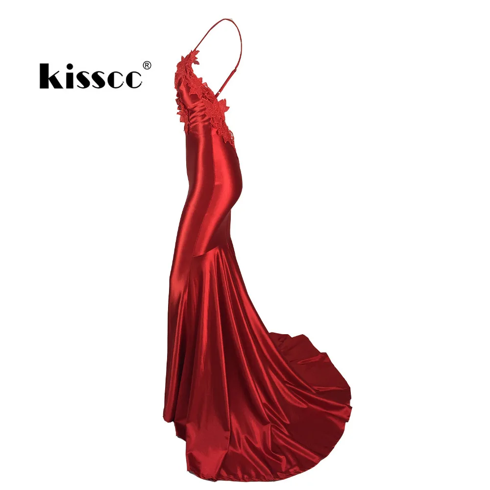 Сексуальный v образный вырез без бретелек платье с цветочной аппликацией красное