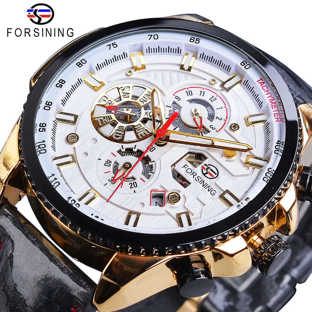 Forsining Automatic Men Watch Casual Golden Date Polish Black Leather Belt Mechanical Watches Waterproof Clock Relogio Masculino